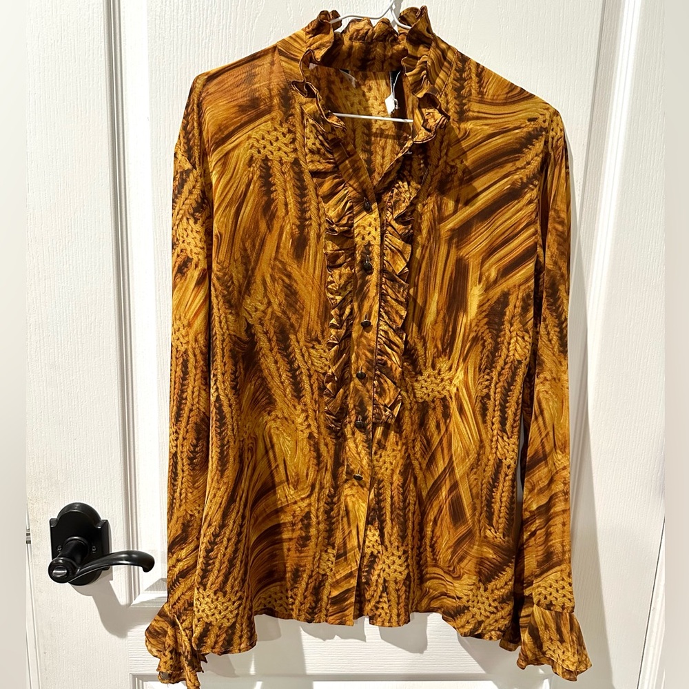 St. John Brown Silk Ruffle Button Down Blouse Sz 10
